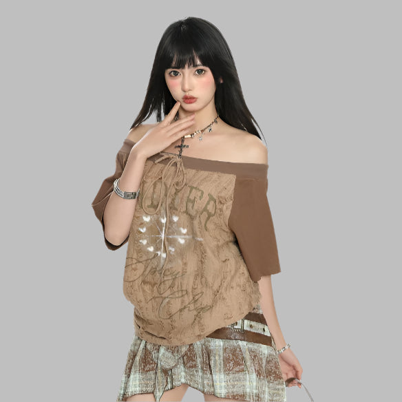 Off-shoulder Short Sleeve Slimming And Shoulder Hollow Top For Women