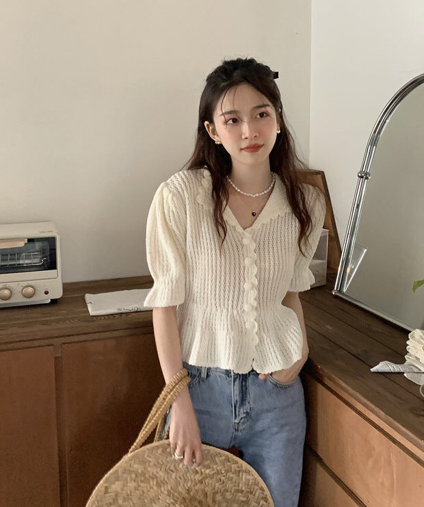 Gentle Romantic Lapel Puff Sleeve Slim Chic Top Crocheted Button Knitted Sweater Cardigan For Women