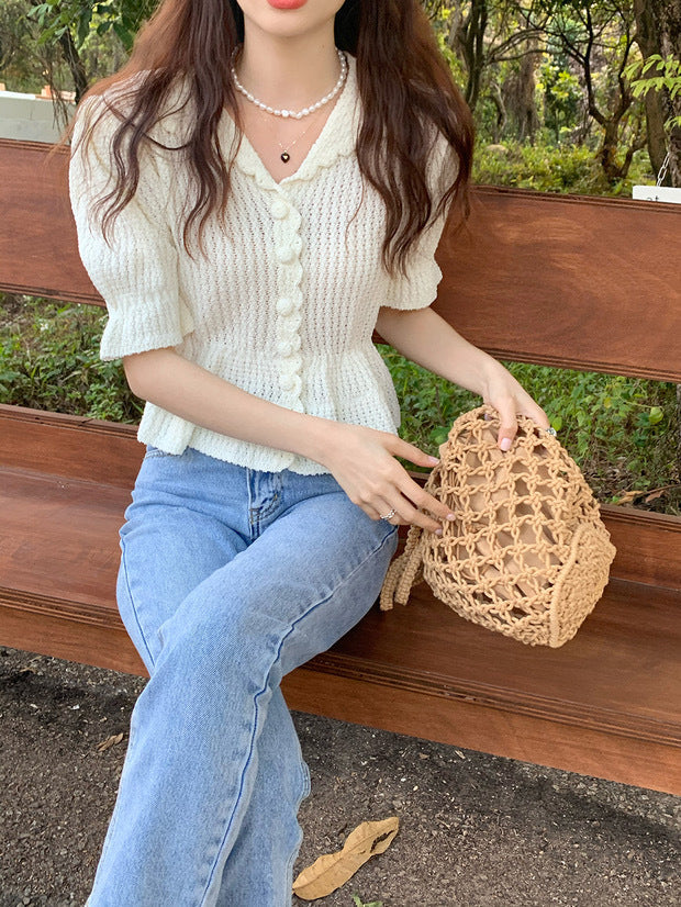 Gentle Romantic Lapel Puff Sleeve Slim Chic Top Crocheted Button Knitted Sweater Cardigan For Women