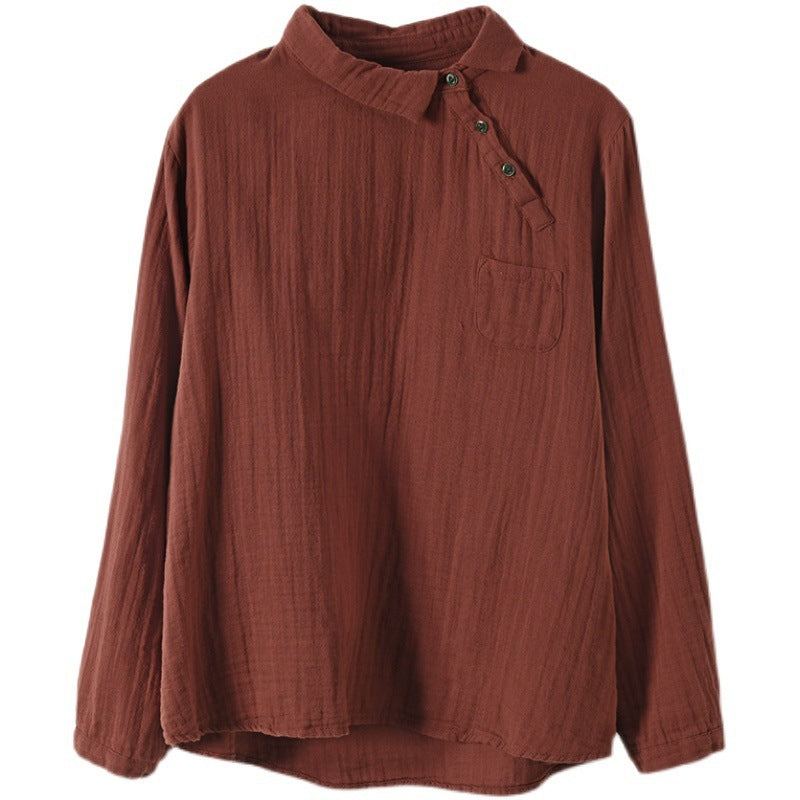 Vintage Oblique Placket Long-sleeved Double-layer Cotton Yarn Shirt Women's Artistic Pullover Top