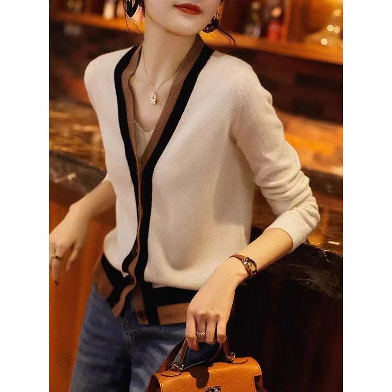 Color-block V Neck Cardigan Knitted Women's Long-sleeved Sweater Outer Tops