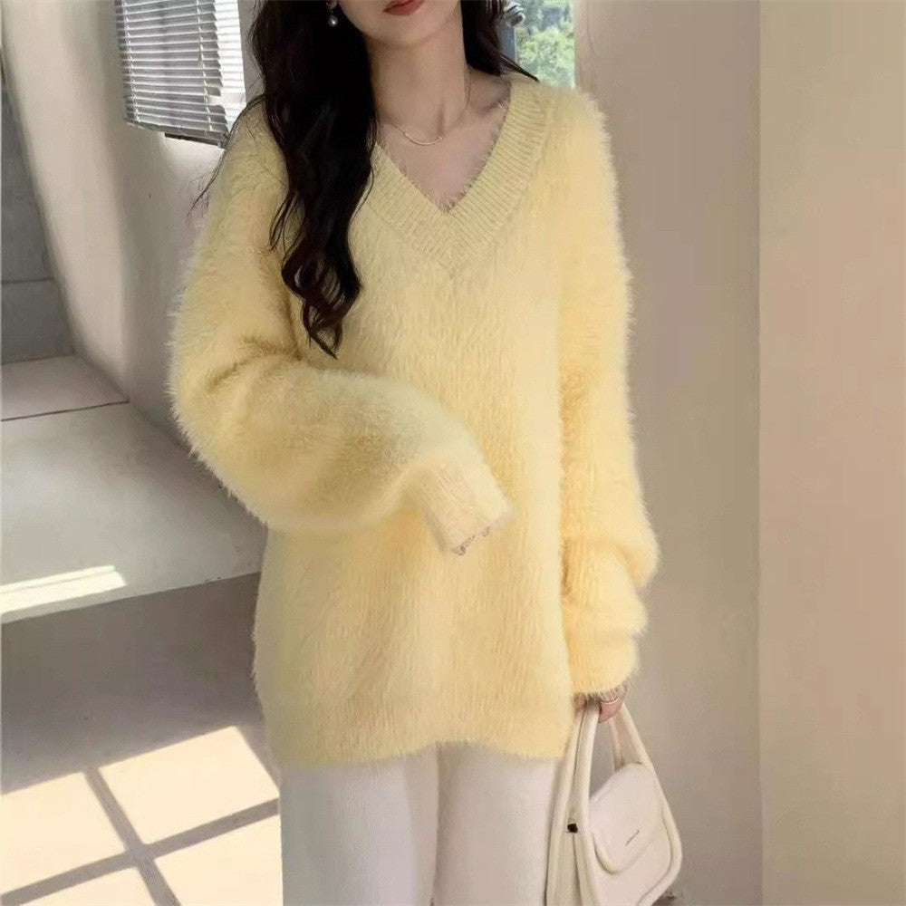 New Gentle Soft Glutinous Sweater Women's V-neck Imitated Mink