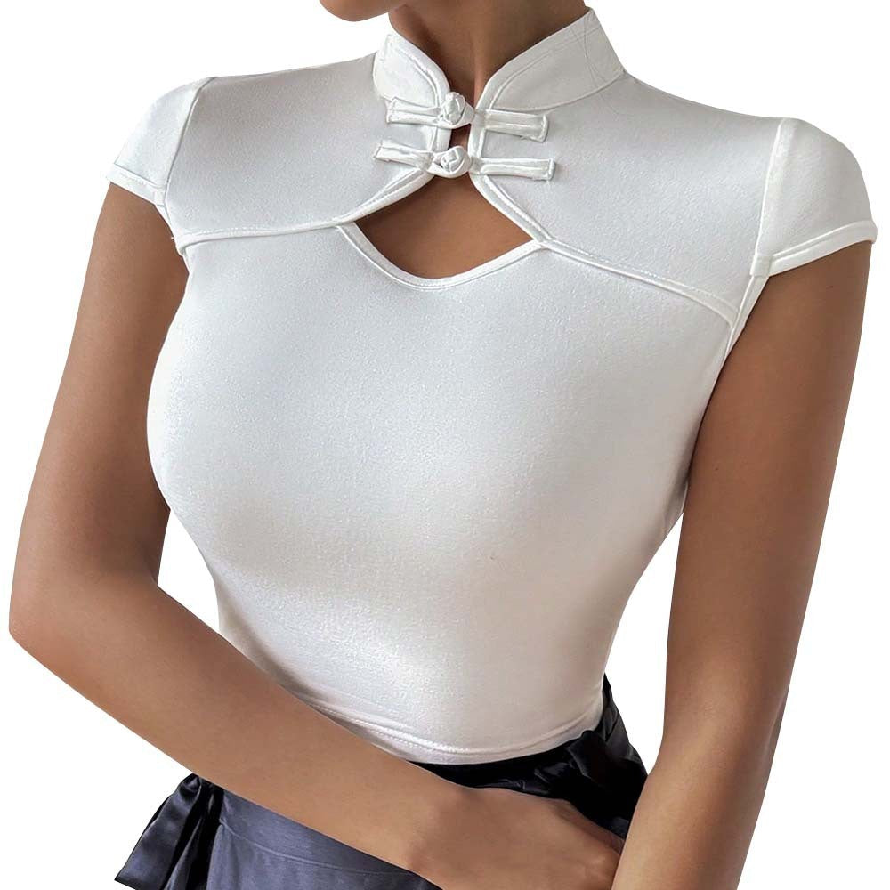 Stand-up Collar Short-sleeved T-shirt Slim Top For Women