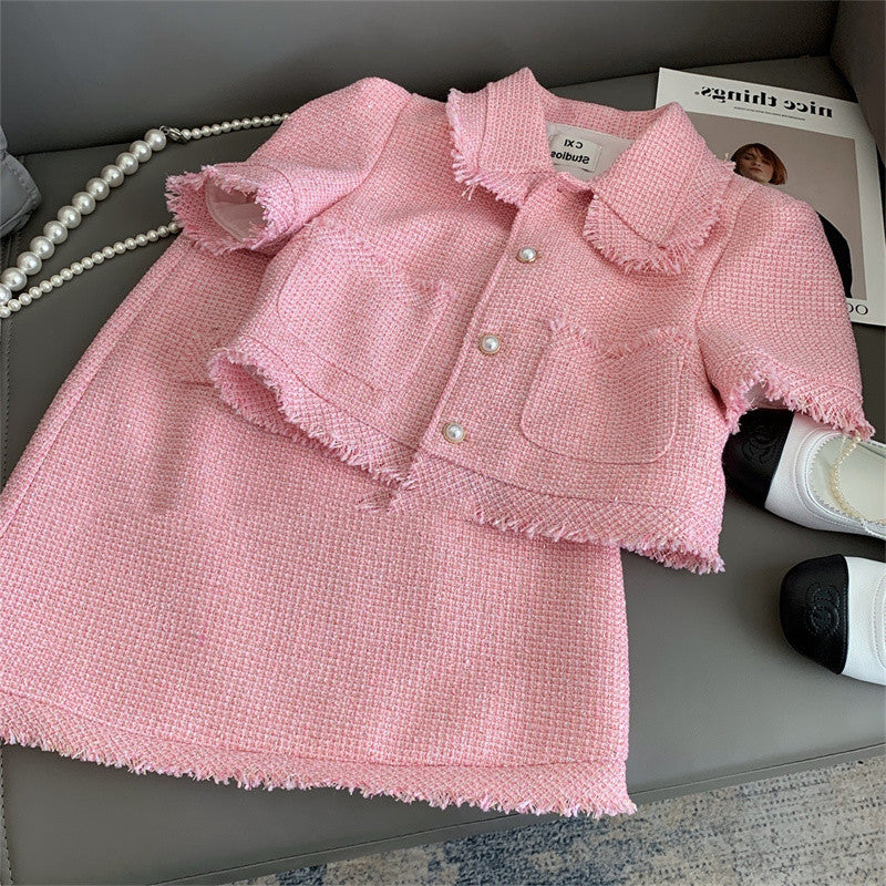 Temperament Tweed Short Jacket High Waist Pack Hip Skirt Two Piece Set