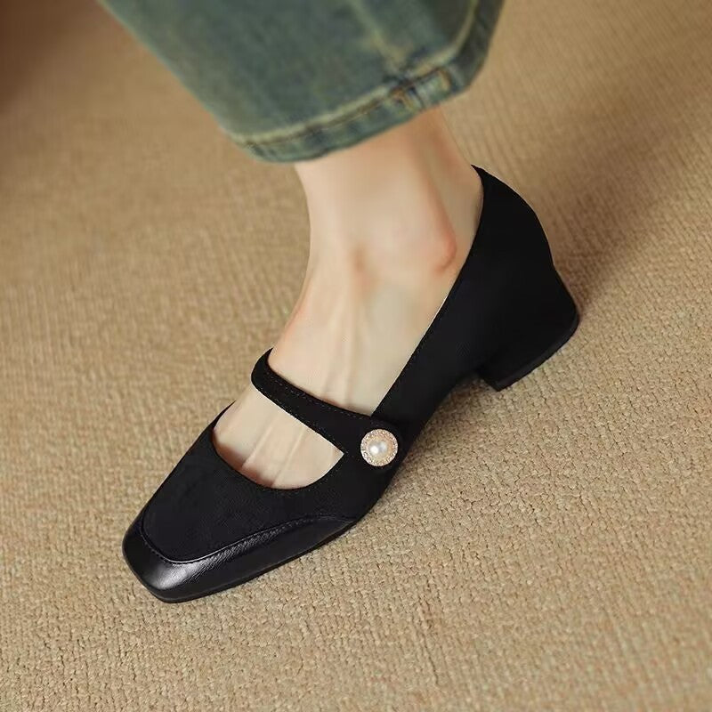Women's Chunky Heel Suede Flat Low-cut Shoes