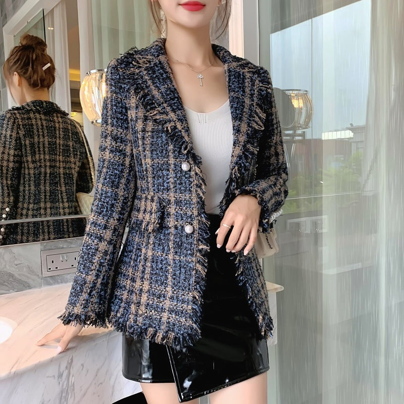 Fashion Slim Tweed Plaid Beaded Tassels Blazer