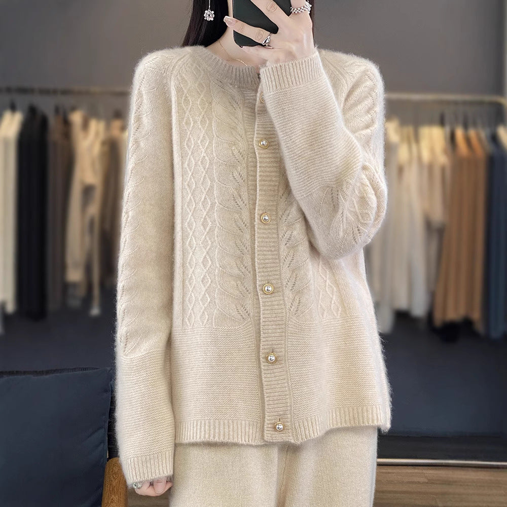 Round Neck Pure Wool Knit Cardigan Women's Long Sleeve Casual Simple