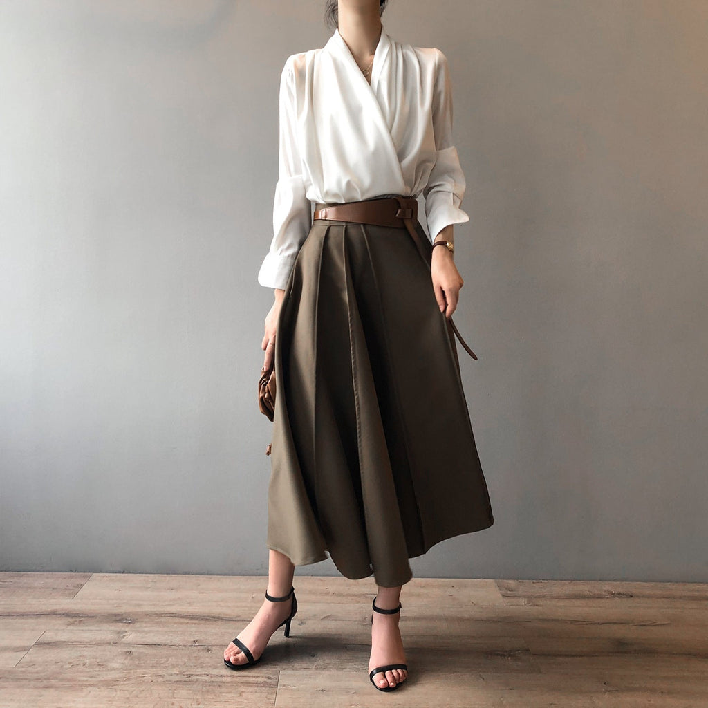 Women's French Elegant Long Sleeve Satin V-neck Shirt