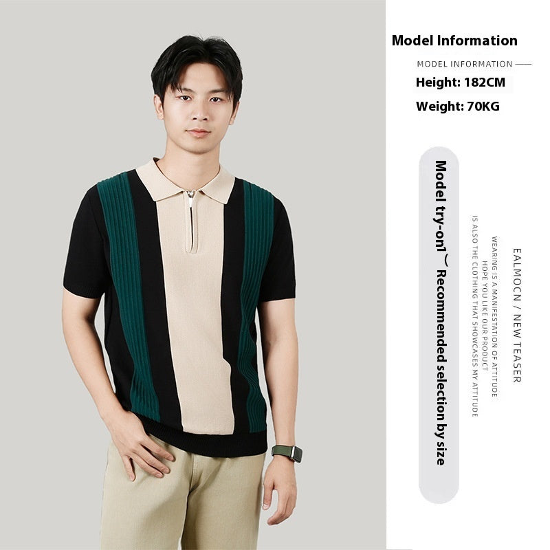 Men's Summer Contrast Color Striped Stitching Advanced Knitted T-shirt