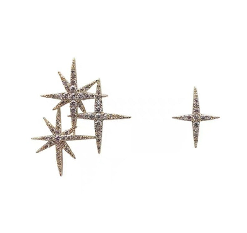 Sterling Silver Needle Shiny Asymmetric Stars Earrings