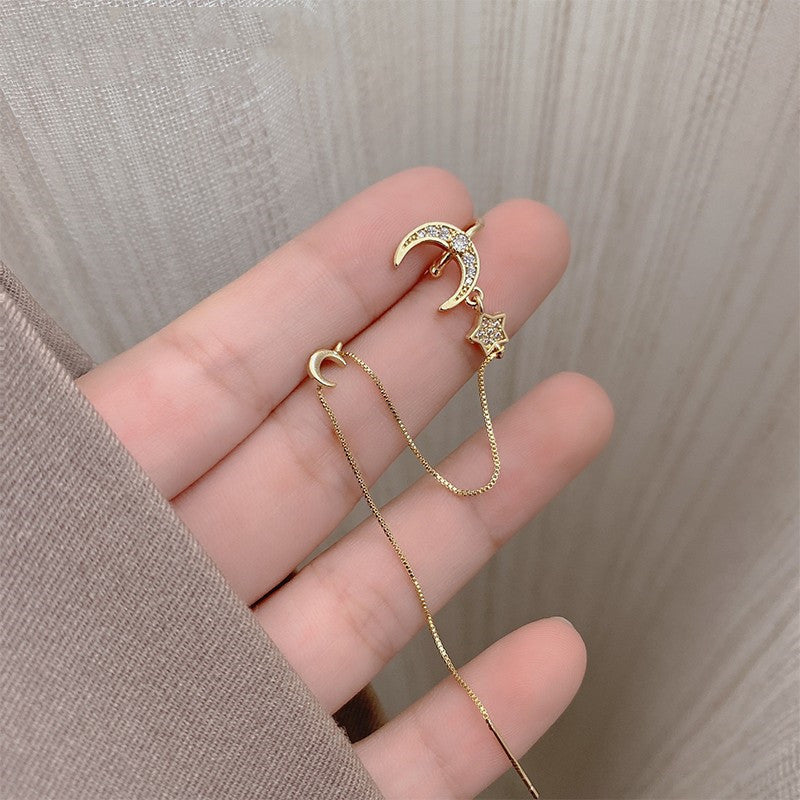 Women's Fashion Silver Needle Star Moon Fringe Earrings
