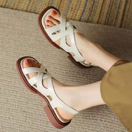 Women's Patent Leather Low Heel Square Toe Beach Sandals