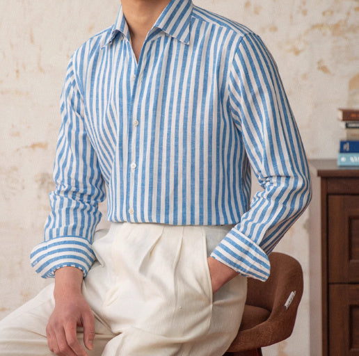 Linen Collar Slim Fit Business Casual Striped Long Sleeve Shirt
