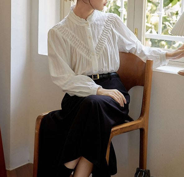 Retro Stand Collar Long Sleeve Design Blouse