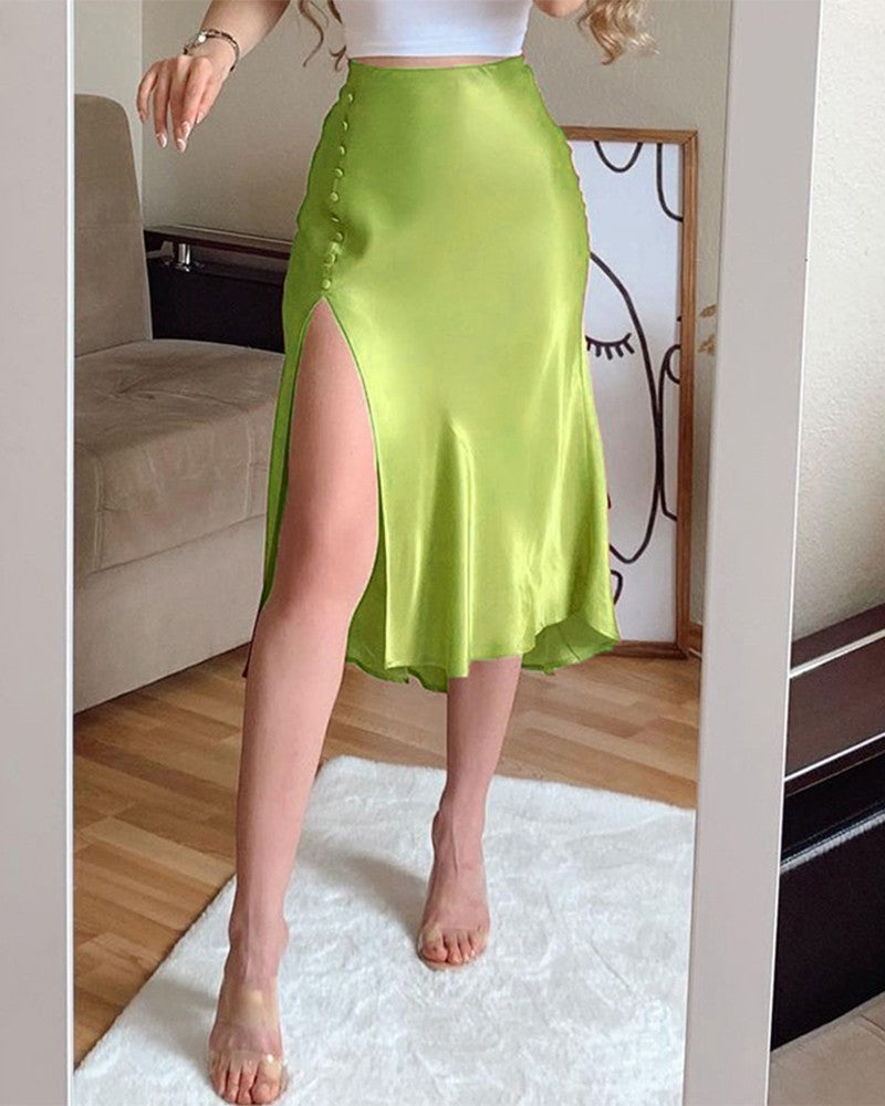 New Women's Sexy High Waist Bag Hip Slit Polka Dot Print Mid-Length Skirt