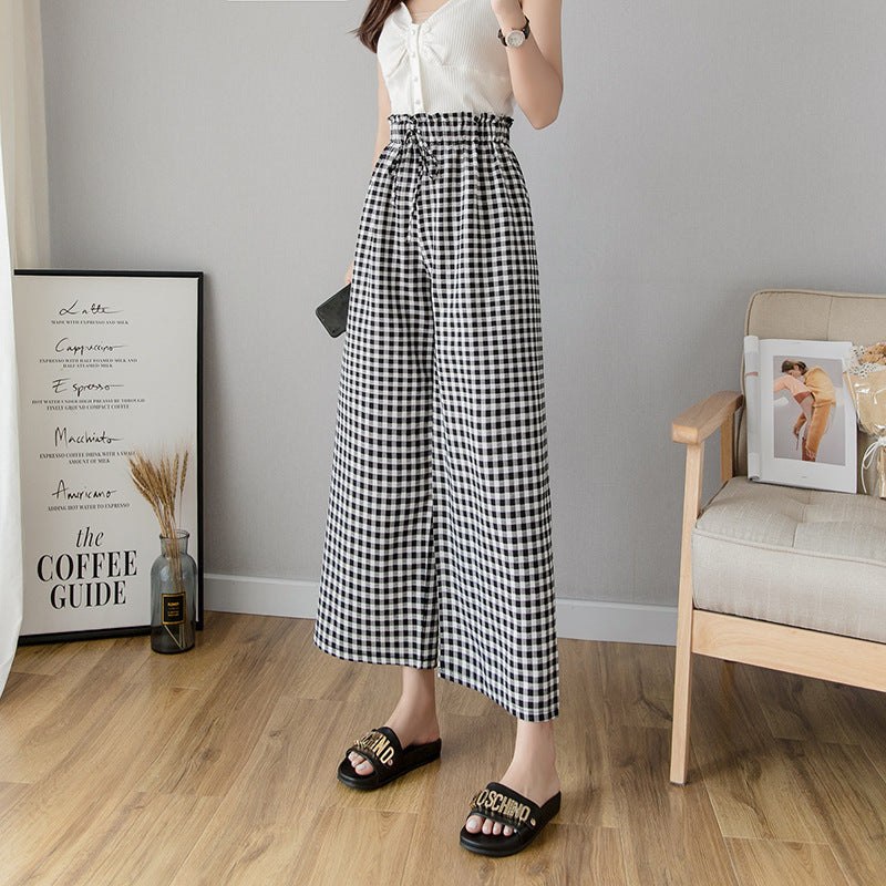 Wide-leg Pants Women's Plaid Polka-dot Nine-point High-waisted Straight Slim Loose Thin Casual Pants