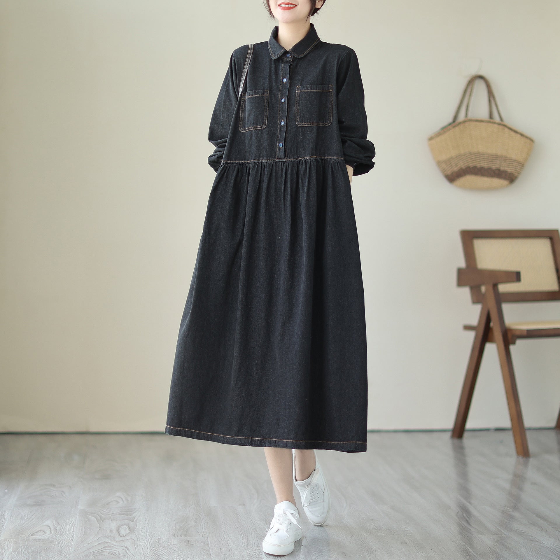 Anti-aging Long Sleeves Denim Mid-length Dress Casual Loose Pullover Doll Collar Denim Skirt