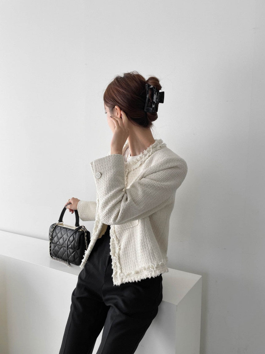 Single-breasted Loose-pocket Short Tweed Jacket