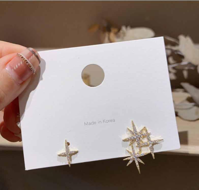 Sterling Silver Needle Shiny Asymmetric Stars Earrings