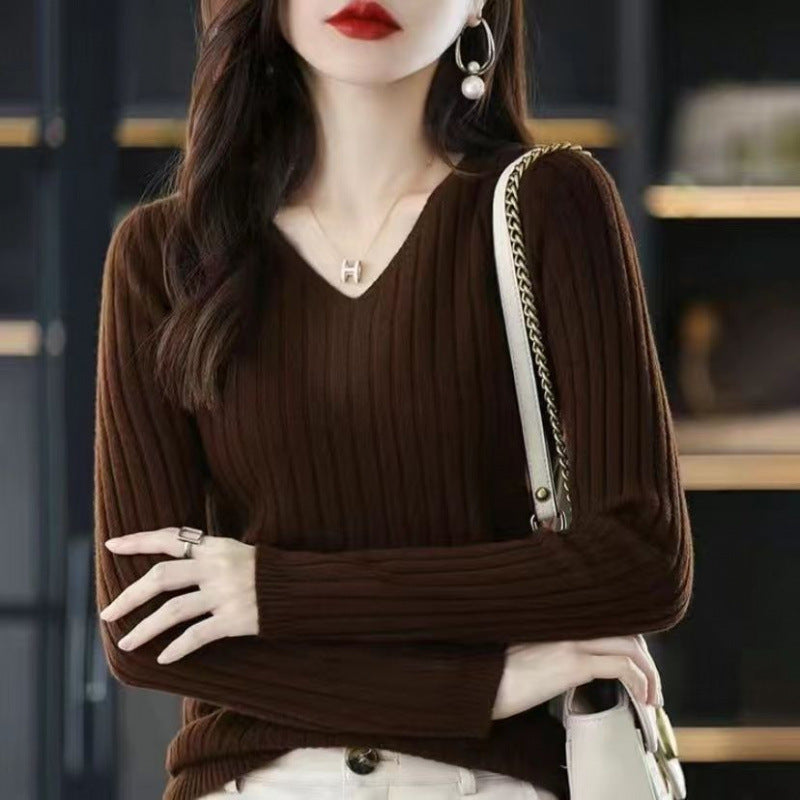 Slim V-neck Pullover Long Sleeve Knitted Sweater