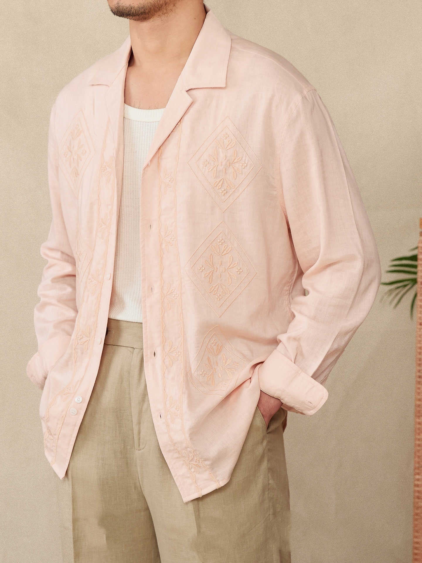 Cotton And Linen Thin Embroidery Cuban Collar Long Sleeve Sunscreen Shirt