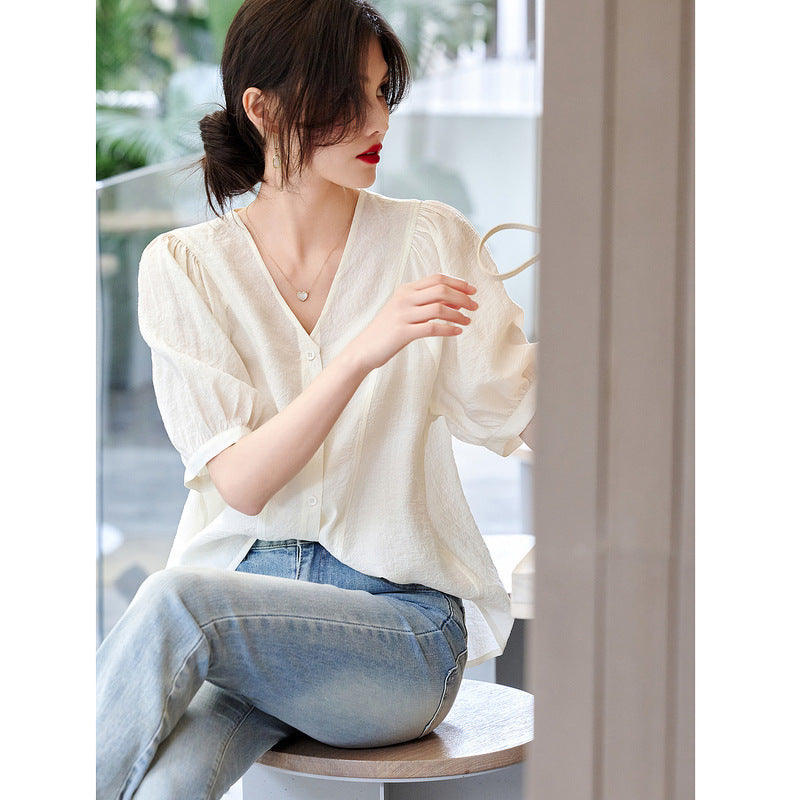 Retro French V-neck Short Sleeve Shirt