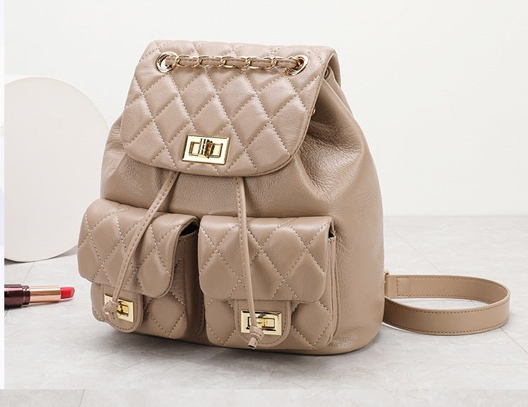 First Layer Cowhide Rhombus Chain Backpack Advanced Texture All-matching