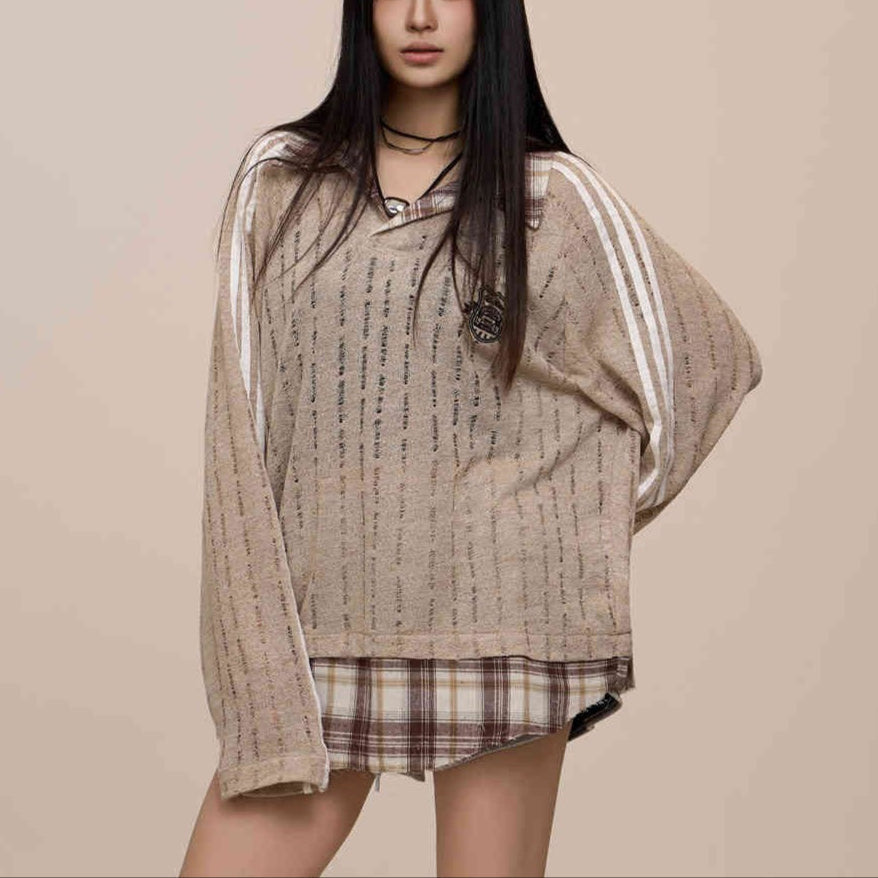 Hollow-out Fake Two-piece Long-sleeved Shirt