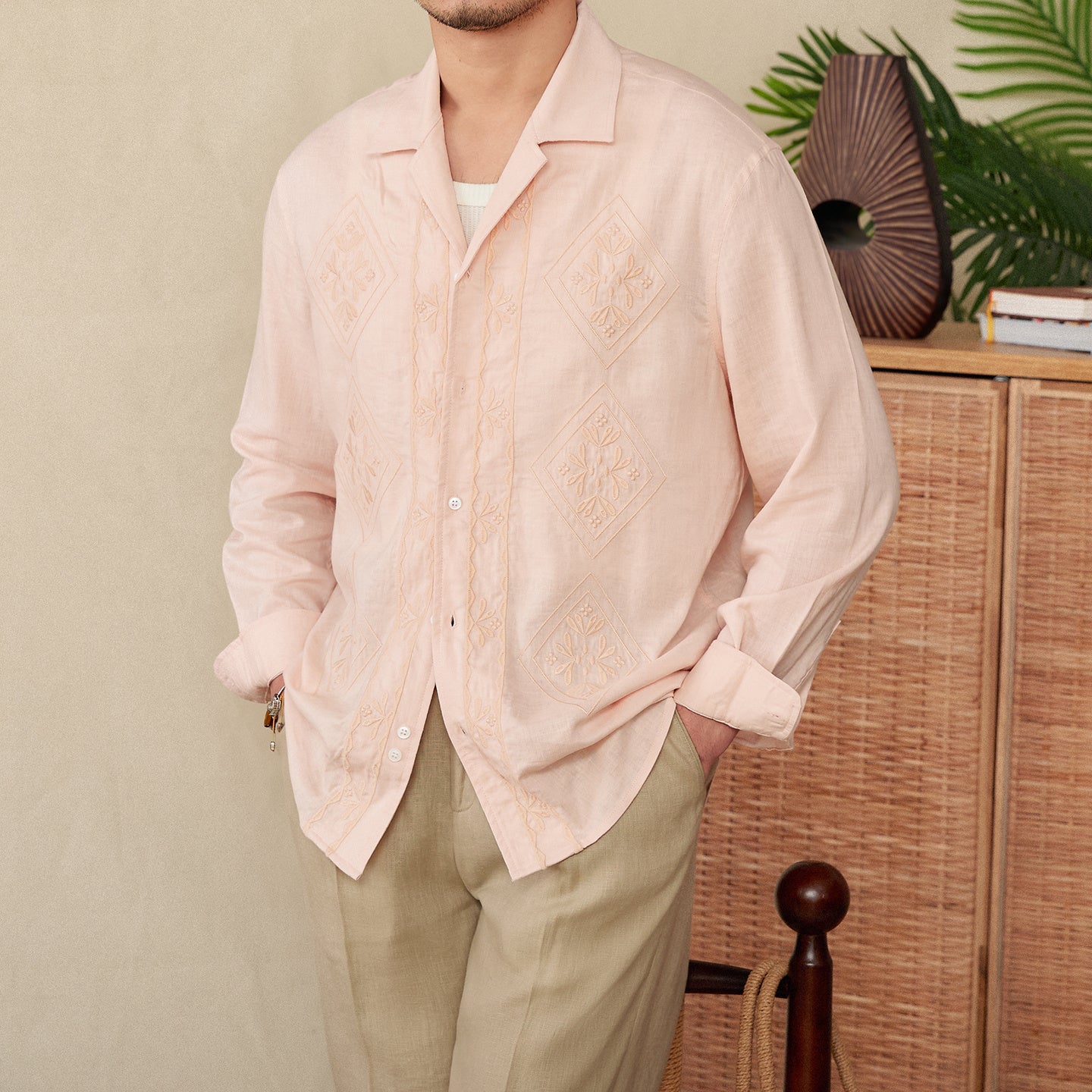 Cotton And Linen Thin Embroidery Cuban Collar Long Sleeve Sunscreen Shirt