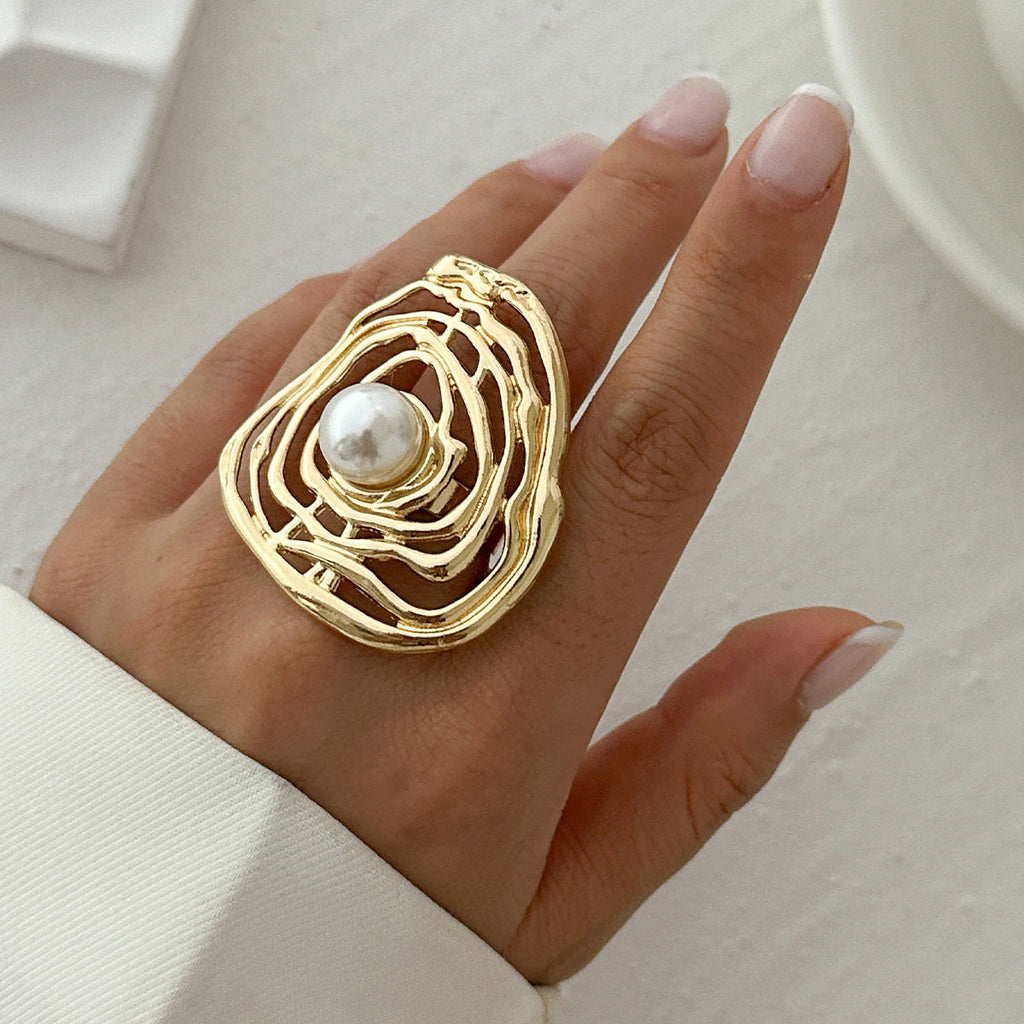 Alloy Winding Geometric Corrugated Pearl Ring