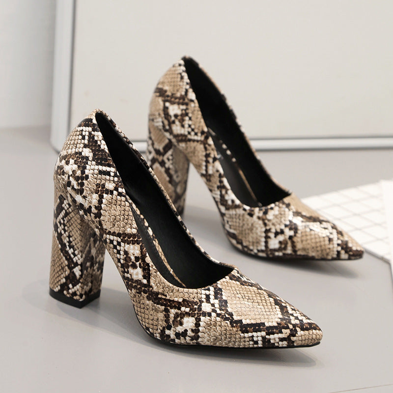 Snake Print Thick High Heel Pointed Toe Women's Shoes