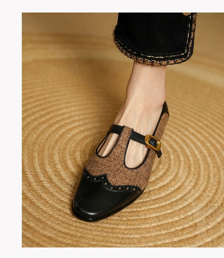 Pumps Women's Low-cut Chunky Heel Mary Jane Stitching T-strap