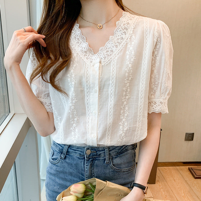 Short Lace Clothing Design Sense Niche Chiffon Shirt