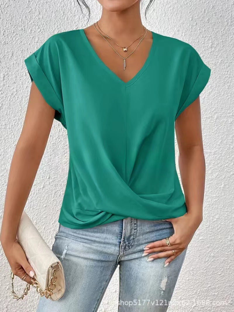 Solid Color V-neck T-shirt Elegant Short Sleeved Top For Spring And Summer Women's Clothing