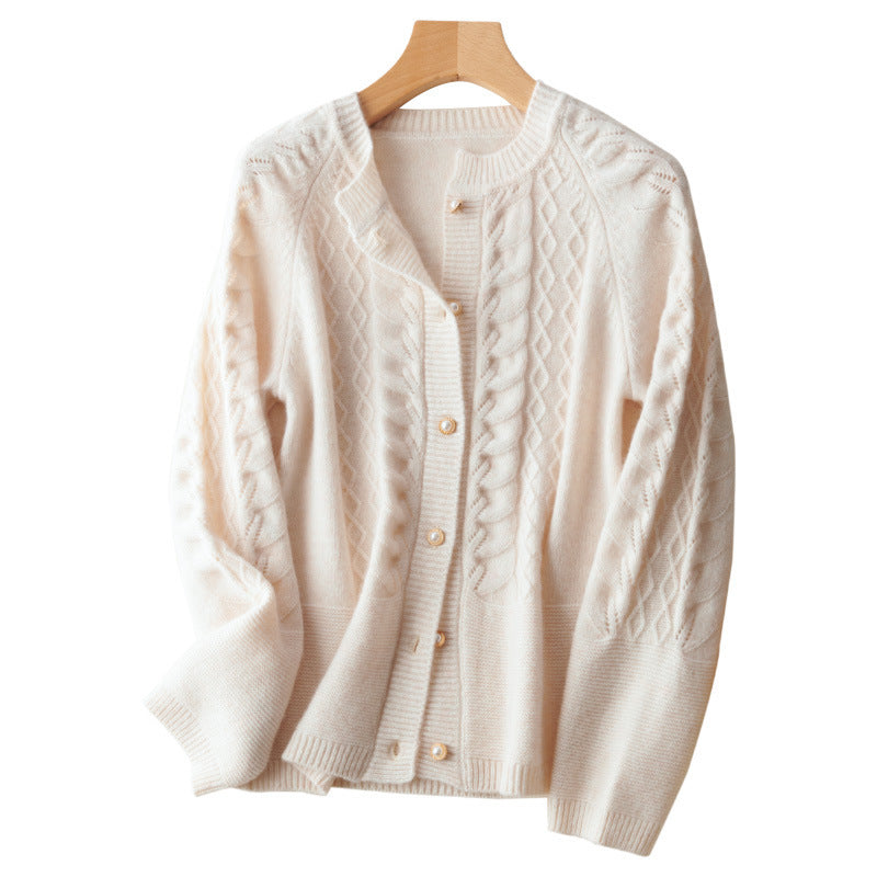 Round Neck Pure Wool Knit Cardigan Women's Long Sleeve Casual Simple