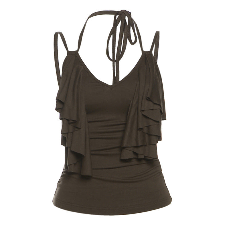 Solid Color Retro Hot Girl Sleeveless Halter Backless Skinny Short Vest