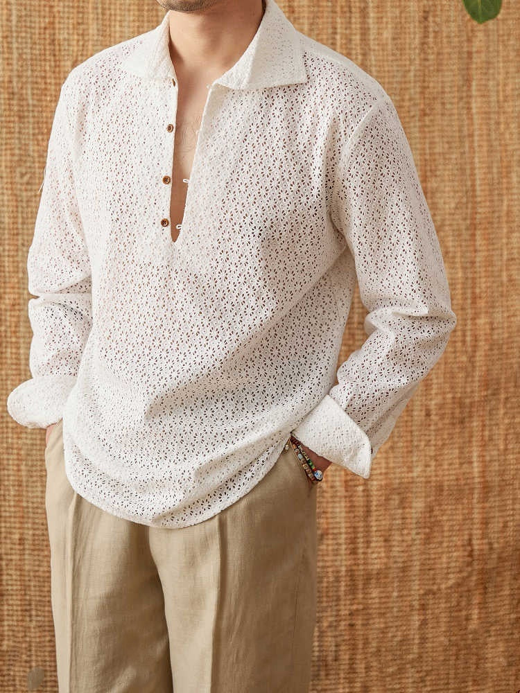 Open Collar Hollow Breathable Casual Long-sleeved Shirt