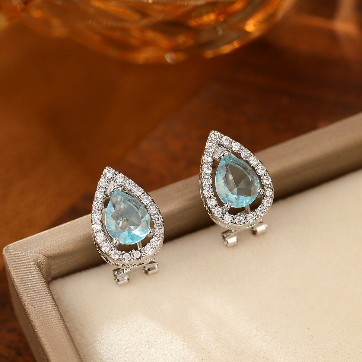 Geometric Water Drop Sea Blue Zircon Ear Studs