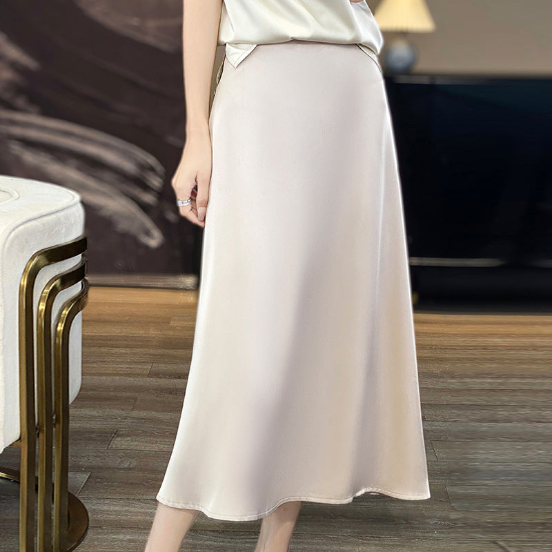 Water Ripple Skirt Silk Texture Mid-length High Waist Solid Color Skirt