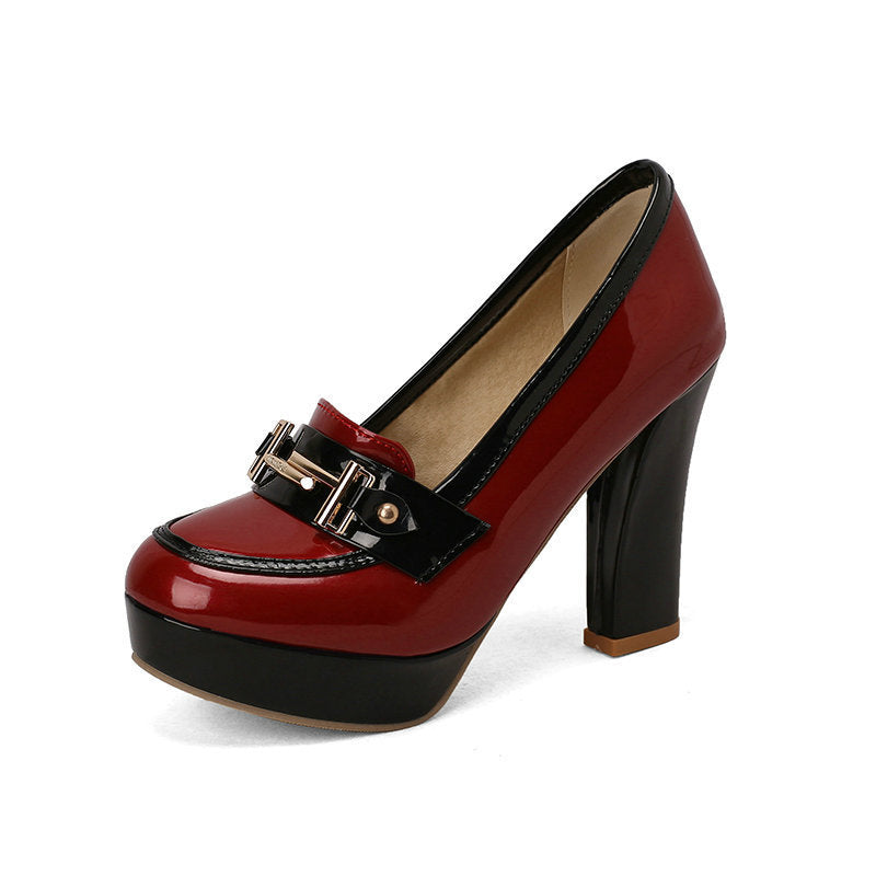 Round Toe Waterproof Platform Chunky Heel High Heel Leather Shoes