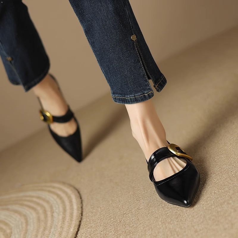French Style Pointed Toe Shallow Mouth Low Heel Buckle Leather Shoes