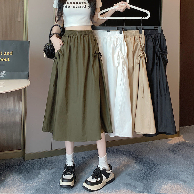 Elastic Waist Pure Color Tied Drawstring Pocket Large Swing Skirt Mid-length French Cotton Suit Skirt