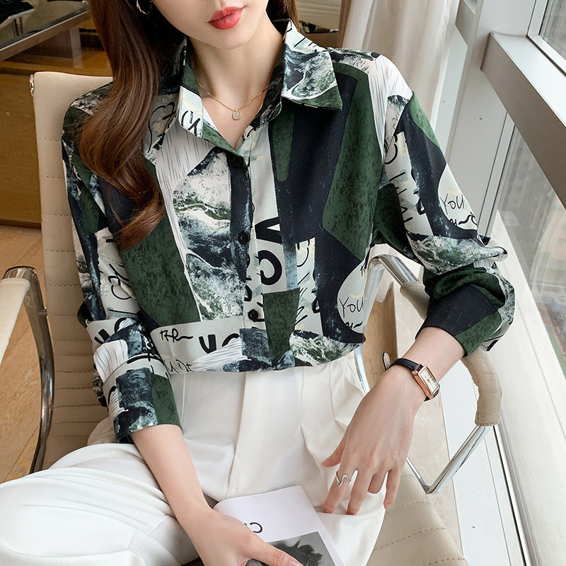 Printed Long-sleeved Shirt Women Loose Design Blouse