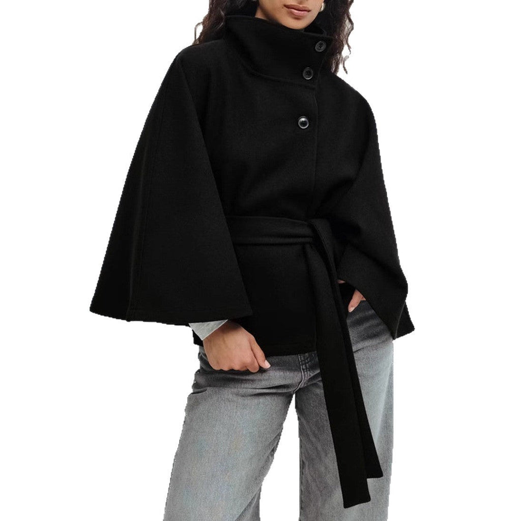 Women's Autumn And Winter New Solid Color Cloak Stand Collar Button Belt Trench Coat
