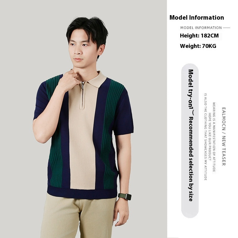 Men's Summer Contrast Color Striped Stitching Advanced Knitted T-shirt