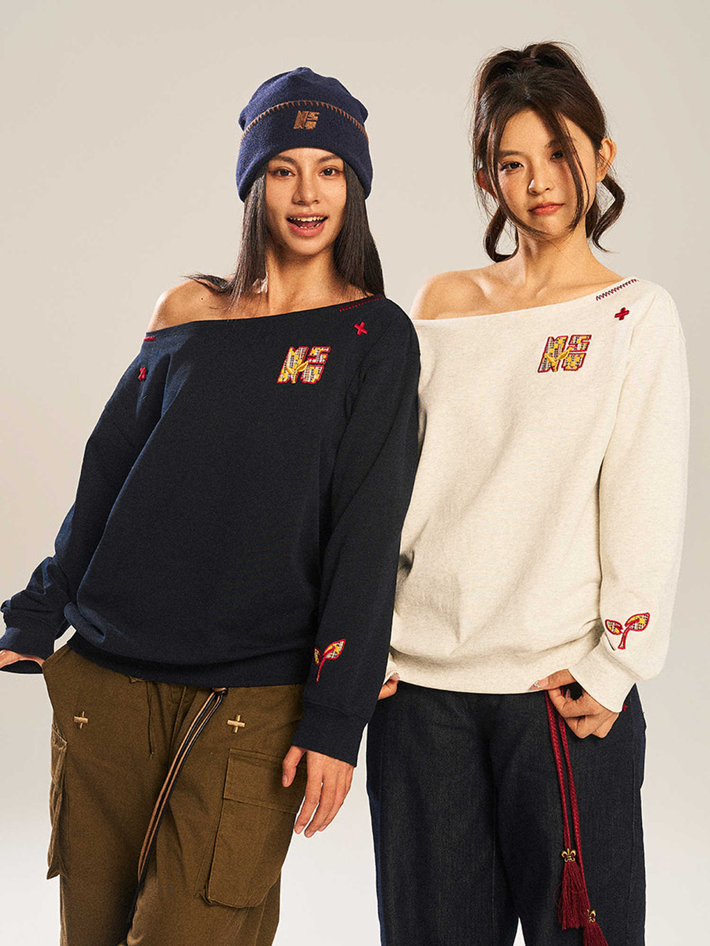 Women's Paste Cloth Embroidery Slant Shoulder Loose Long Sleeve Top