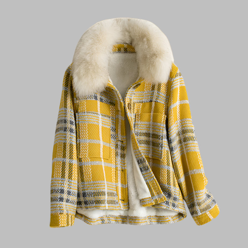 Women's Temperament Tweed And Velvet Thick Plaid Jacket