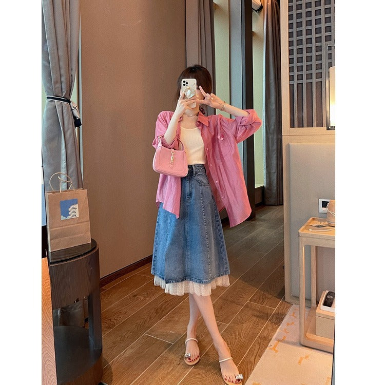 Mid-length Slit Design Niche Mesh Stitching Skirt