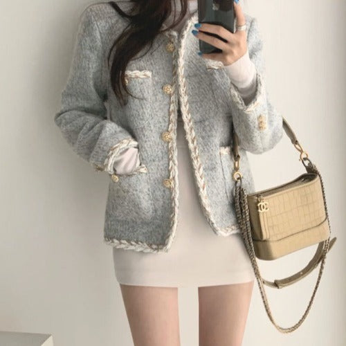 Multi-pocket Single-breasted Tweed Woolen Plus Cotton Padded Jacket