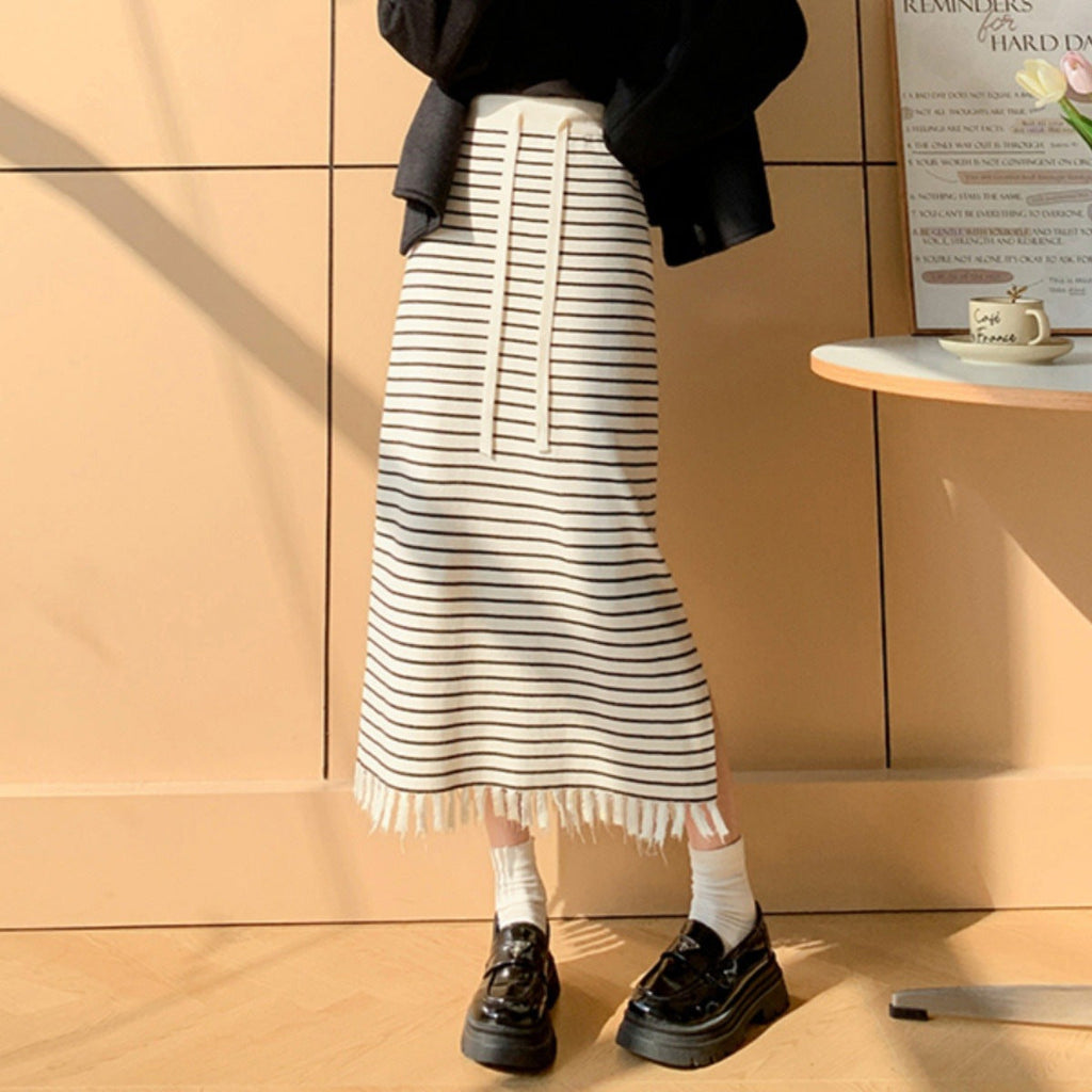Striped Knitted Skirt High Waist Slimming